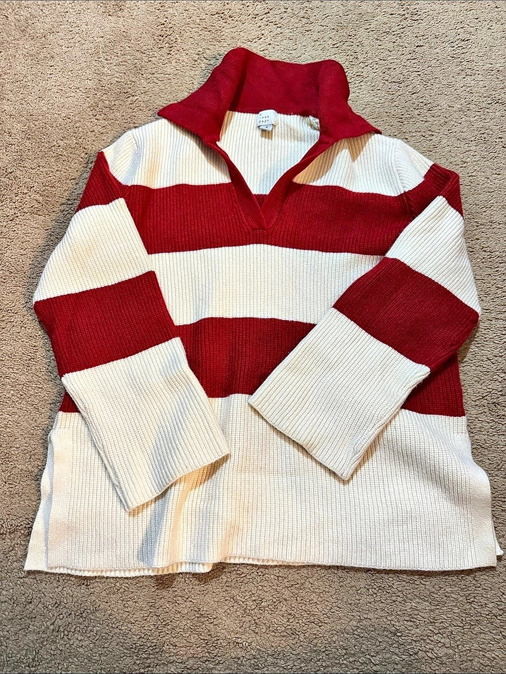 a new day Striped Polo Sweater Color Block White & Red Small
